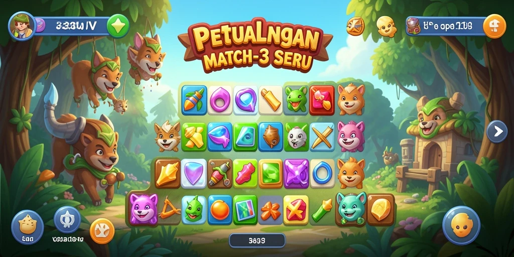 Screenshot gameplay 333V dengan permata berwarna-warni dan tantangan Match-3.