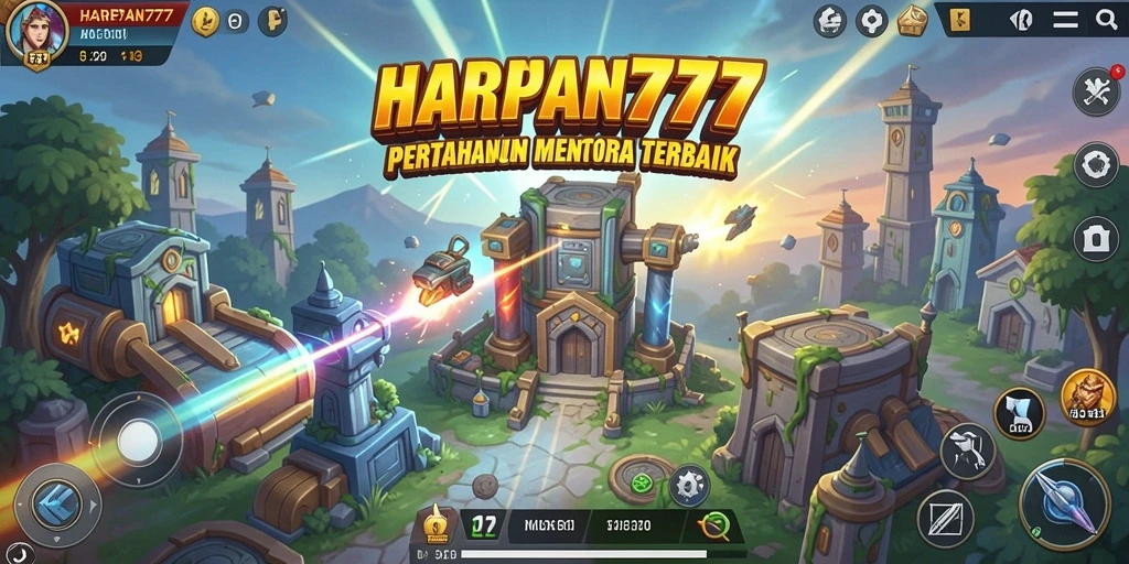 Tangkapan layar menunjukkan gameplay menegangkan di HARAPAN777 dengan menara yang berfungsi penuh.