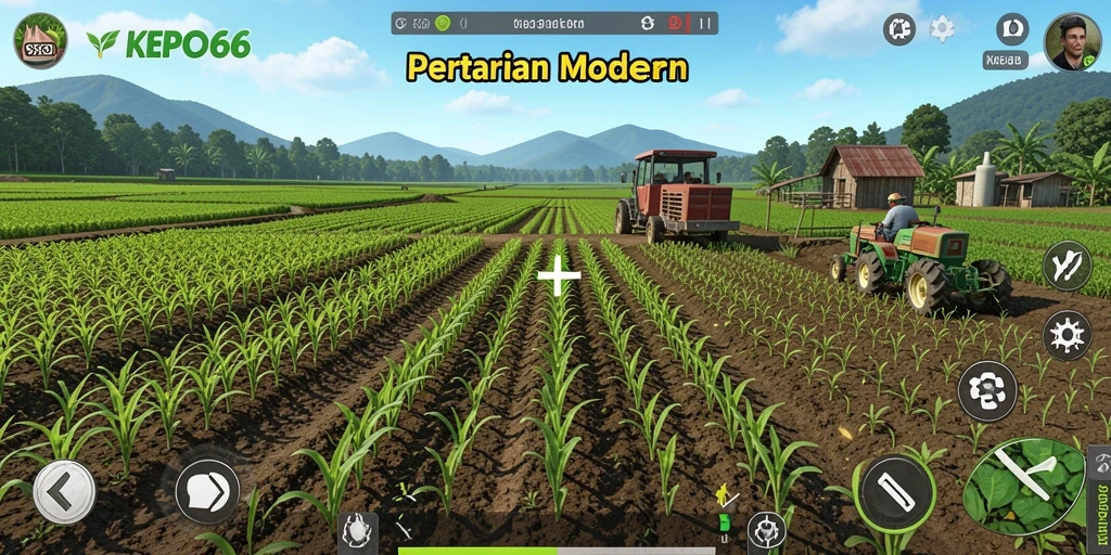 Screenshot gameplay KEPO66 menampilkan ladang subur dan hewan ternak yang gemuk.