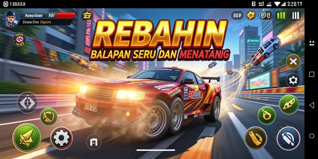 Tampilan gameplay seru dari balapan di REBAHIN yang menegangkan.