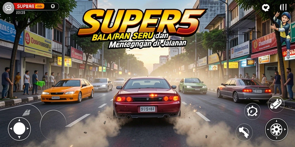 Gameplay SUPER5 yang menampilkan aksi balapan menegangkan di jalanan.