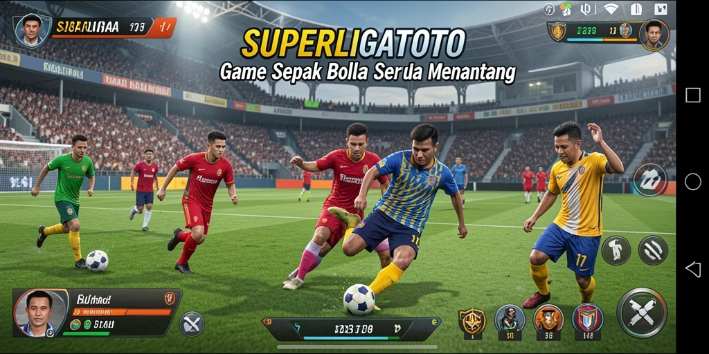 Screenshot gameplay SUPERLIGATOTO yang menampilkan aksi seru di lapangan.