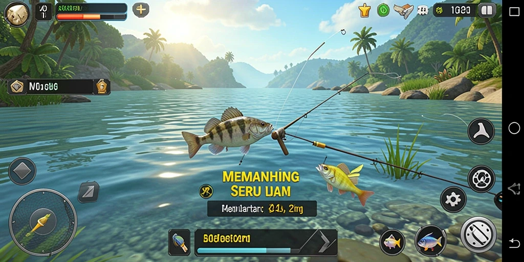 Screenshot V07 menunjukkan pemain yang menangkap ikan di danau yang indah.